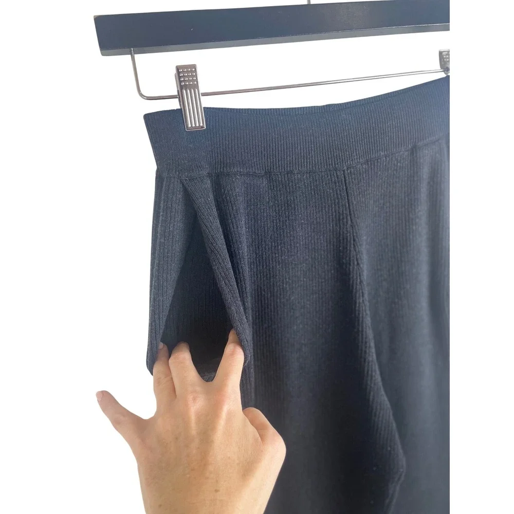 Alo Yoga Salana Knit High-Waist Wide Leg Pant Black Ribbed Side Slit XS